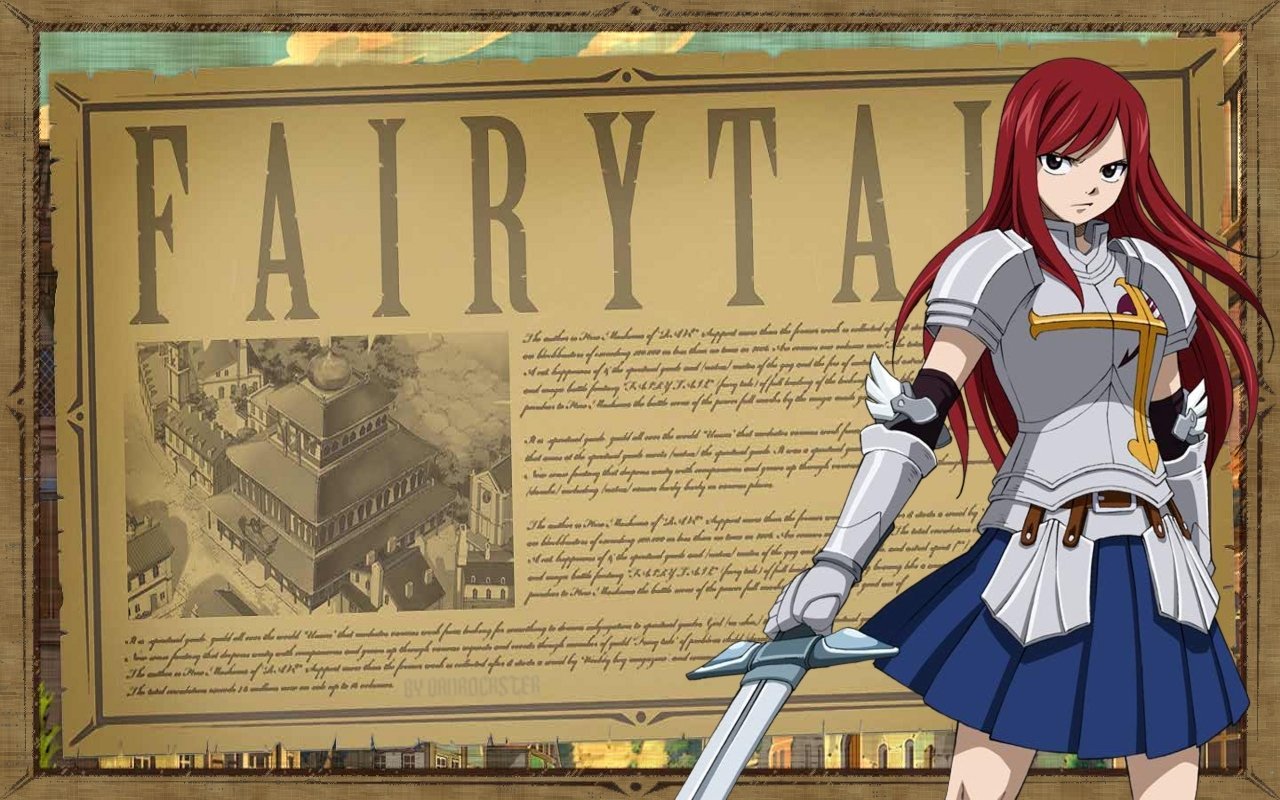 Erza Scarlet from the anime Fairy Tail stands confidently in her knight armor, wielding a sword, with a backdrop featuring detailed text about the Fairy Tail guild.