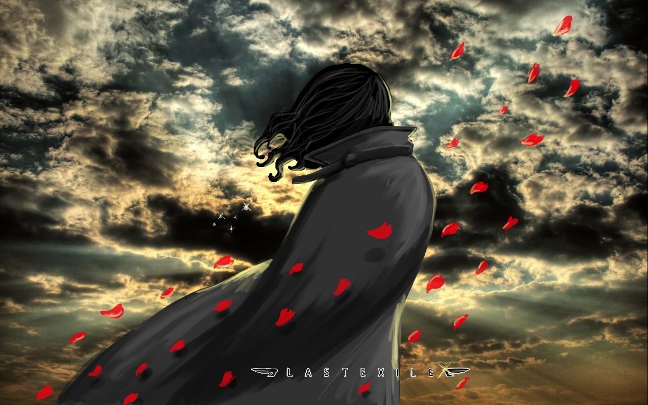From the anime Last Exile: a cloaked figure with windswept hair stands beneath a dramatic stormy sky as red petals swirl toward a glowing horizon.
