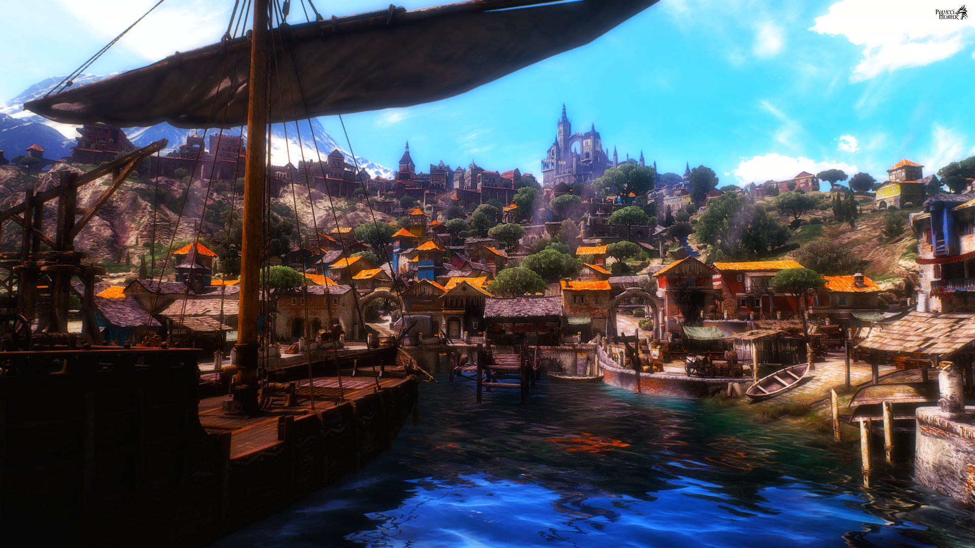 A vibrant coastal town with ships docked at the harbor under a bright sky, featuring detailed architecture from the video game The Witcher 3: Wild Hunt.