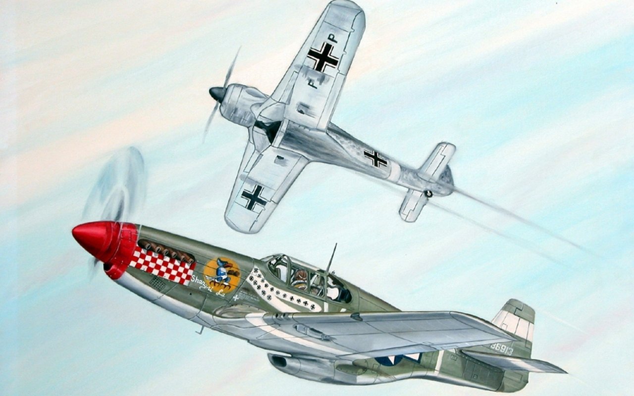 Illustration of two military aircraft in flight, one with German markings and the other resembling a World War II fighter plane with a red nose and checkerboard pattern.