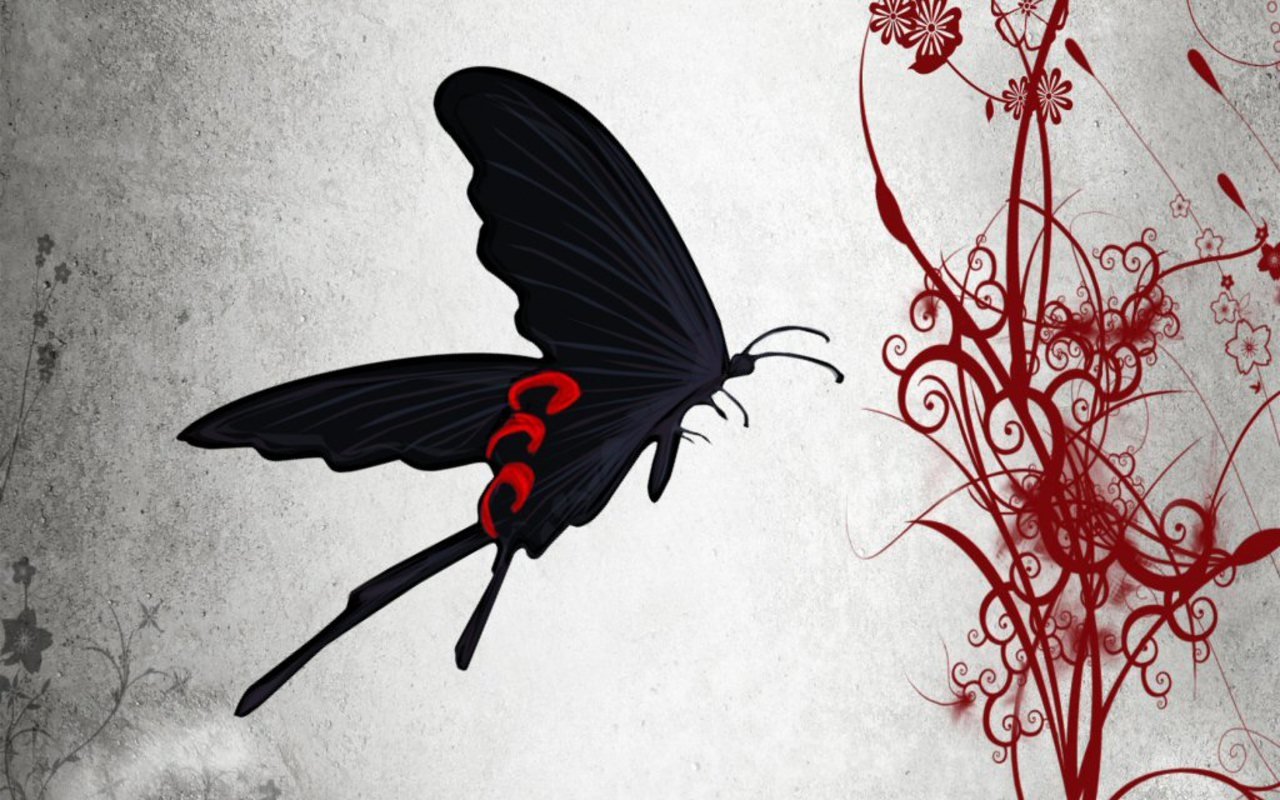 A striking black butterfly with red accents hovers against a textured background adorned with delicate red floral patterns, inspired by the anime Zetsuen no Tempest.