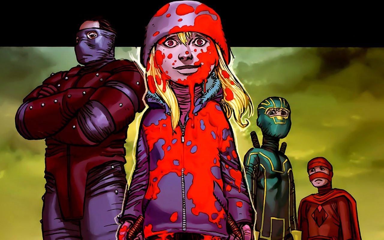 Comic-style illustration featuring Hit-Girl and other characters from Kick-Ass, depicted in vibrant colors with intense expressions against a dark, ominous sky.