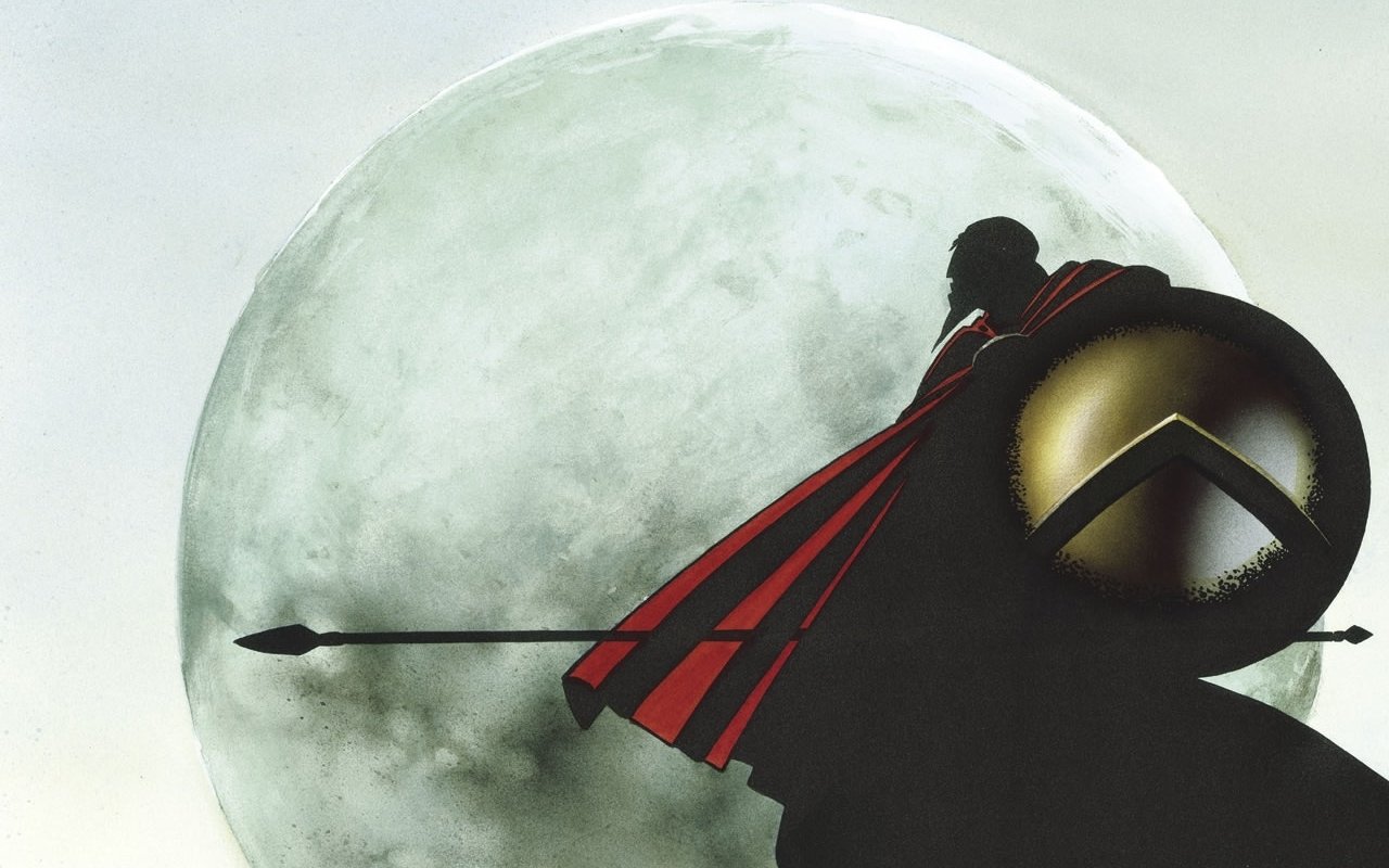 A Spartan soldier stands under a large moon, draped in a flowing cloak, wielding a spear and shield, evoking the epic style of the comic 300.