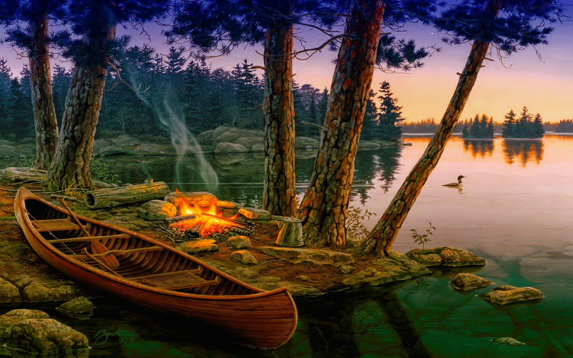 A serene painting depicts a canoe by a tranquil lake, framed by trees, with a campfire glowing warmly nearby and a duck gliding across the water at sunset.