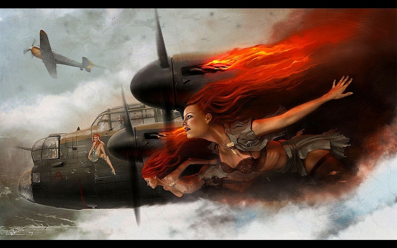 A fantasy scene of a fiery-haired woman flying alongside historic military aircraft through cloudy skies.