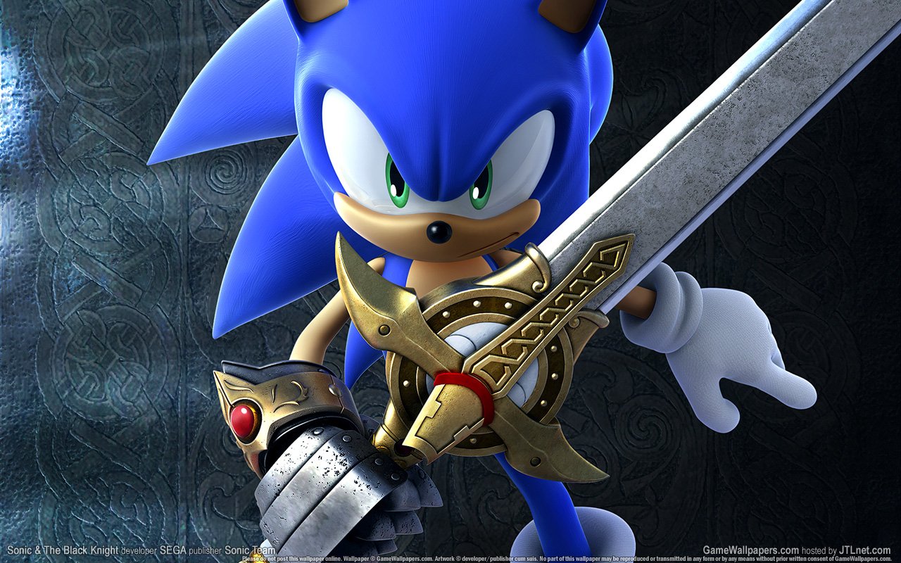 Sonic the Hedgehog wields a detailed sword in a scene from the video game Sonic and the Black Knight, showcasing a blend of classic character and medieval weaponry.