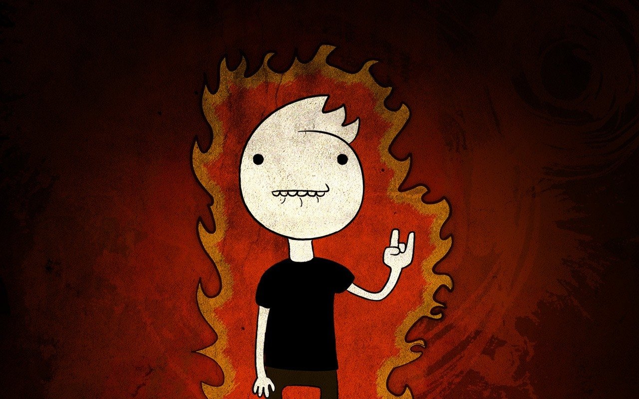 A cartoon figure with spiky hair and a black shirt makes the rock hand gesture, standing in front of fiery flames, symbolizing rock music energy.
