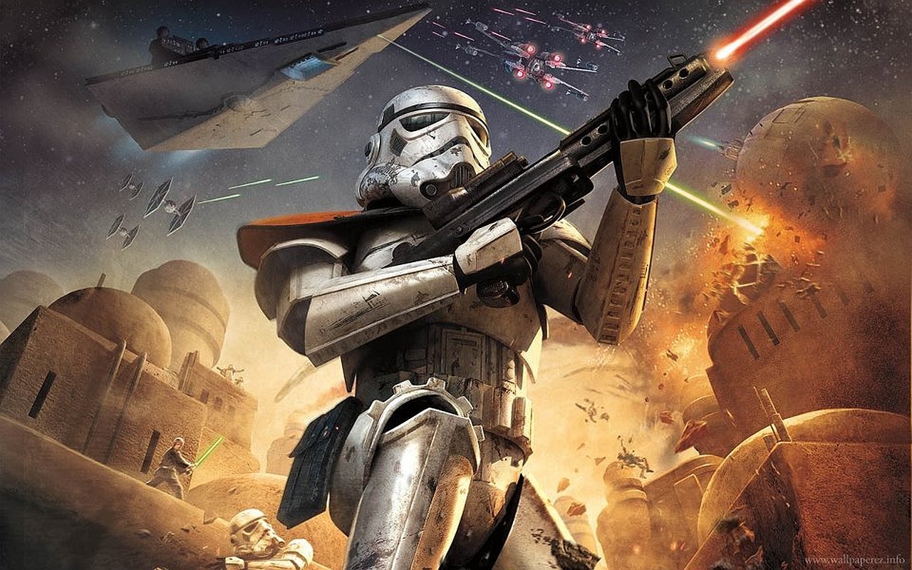 A stormtrooper stands confidently, blaster in hand, amid a fierce battle scene from the video game Star Wars Battlefront: Elite Squadron, with starships and explosions in the background.