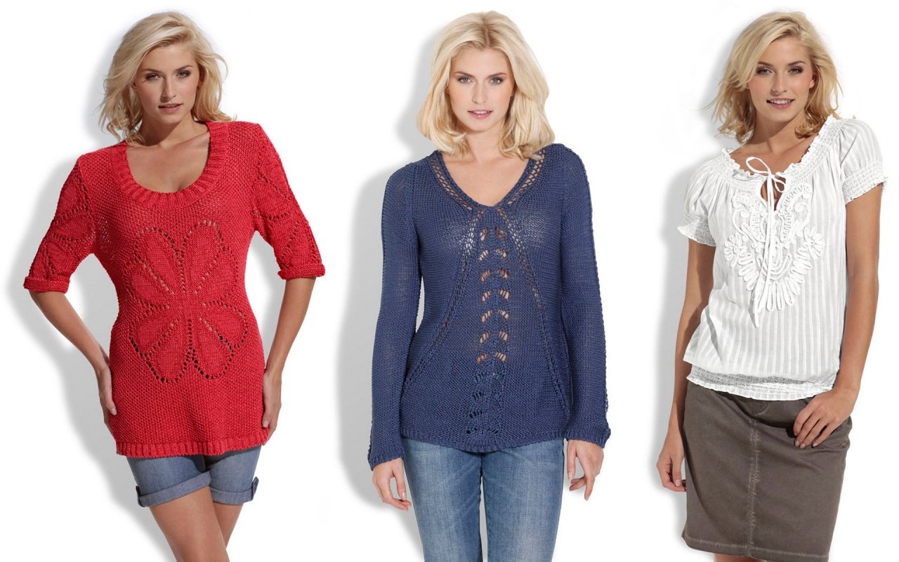 I don't know who this is. Alt: Three images of a blonde woman modeling red, navy and white knit tops with casual bottoms against a white background.