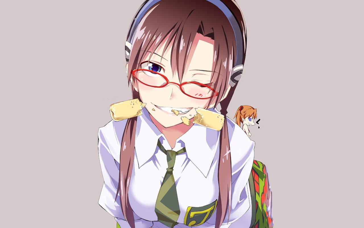 Anime — Evangelion: 2.0 You Can (Not) Advance: Mari winks with toast in her mouth, red glasses and headphones, wearing a school uniform.