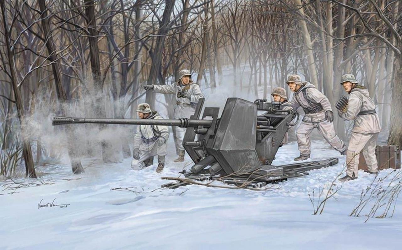 Soldiers operate a large artillery gun in a snowy, forested landscape during winter.