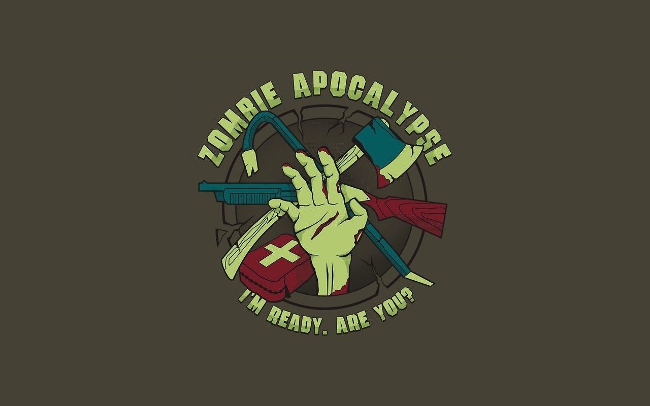 A dark-themed graphic featuring a green zombie hand gripping weapons, surrounded by text that reads Zombie Apocalypse: I'm ready. Are you? with an ominous backdrop.