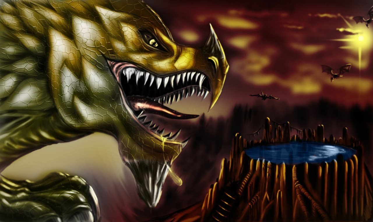 A fierce fantasy dragon with sharp teeth and golden scales snarls near a glowing crater under a fiery sky, with smaller dragons flying in the distance.