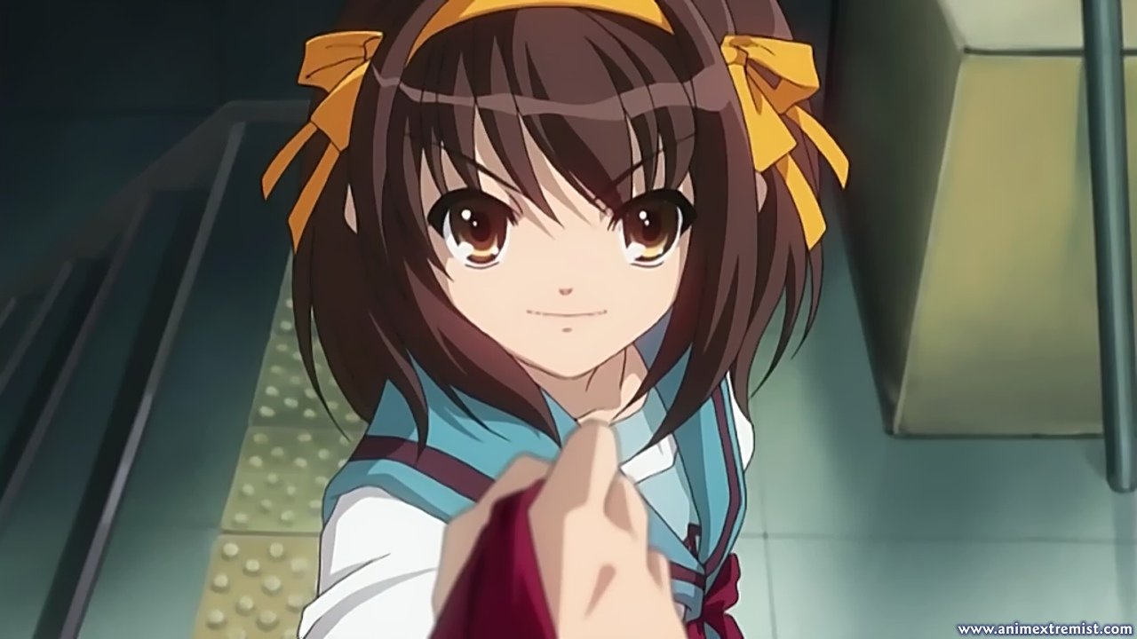 Haruhi Suzumiya from The Melancholy of Haruhi Suzumiya anime, smiling and reaching toward the viewer in her school uniform with yellow hair ribbons.