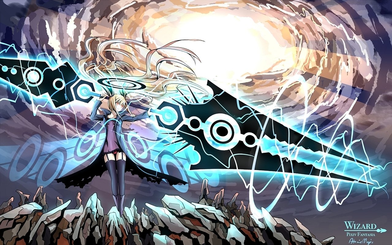 Anime-style character wielding a glowing, oversized weapon stands on rocky terrain under a swirling sky, evoking a dramatic Pixiv Fantasia scene.