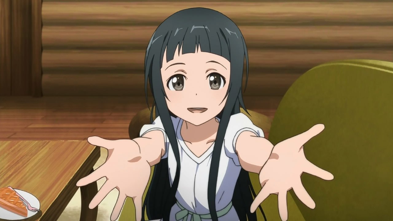 A cheerful Yui from Sword Art Online extends her arms with a welcoming smile, set against a cozy indoor backdrop. The scene captures her playful and affectionate spirit.