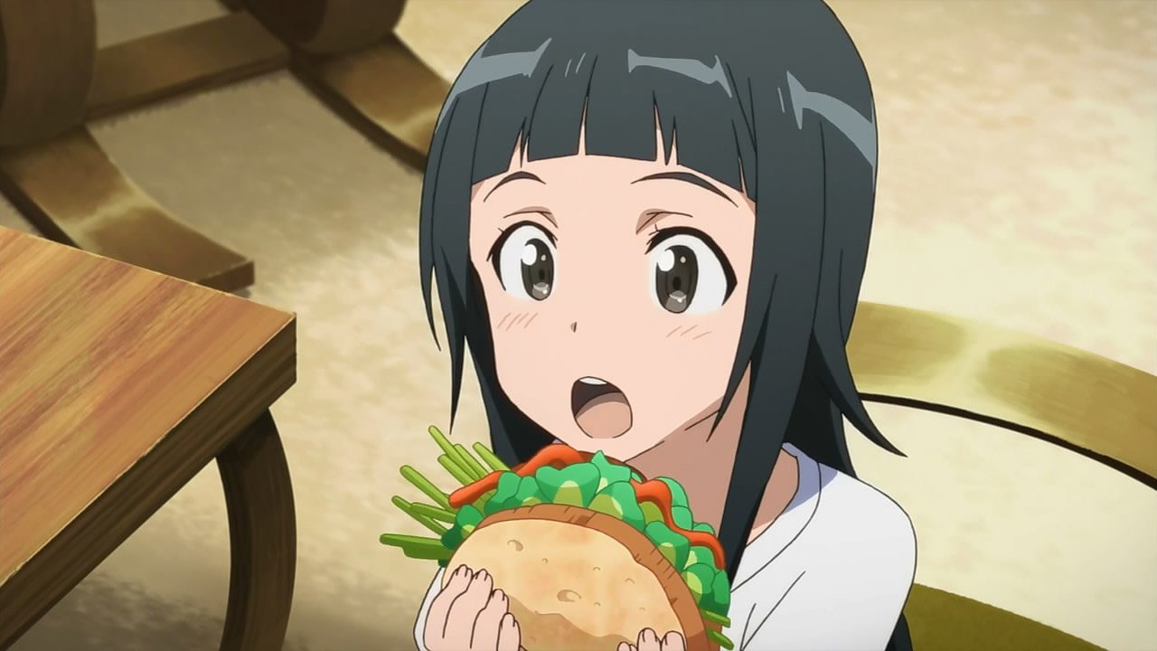 Yui from Sword Art Online excitedly holds a colorful sandwich, showcasing her playful and cheerful personality in this charming anime scene.