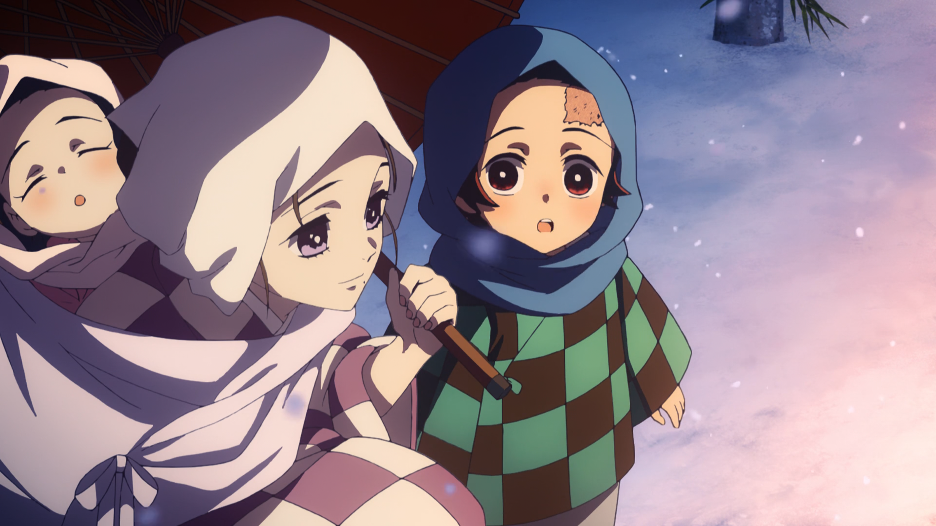Characters from the anime Demon Slayer: Kimetsu no Yaiba, including a child in a green checkered haori and a woman carrying a baby on her back, walking in the snow at night.