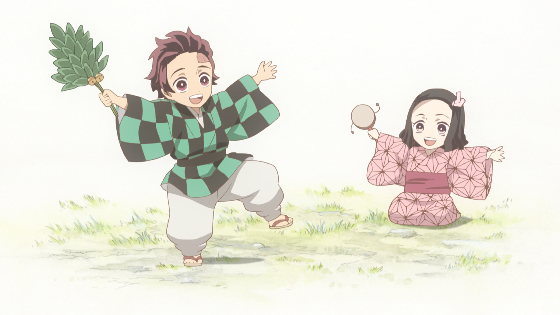 Two young characters from the anime Demon Slayer: Kimetsu no Yaiba play joyfully in a grassy field, showcasing their cheerful expressions and traditional attire.