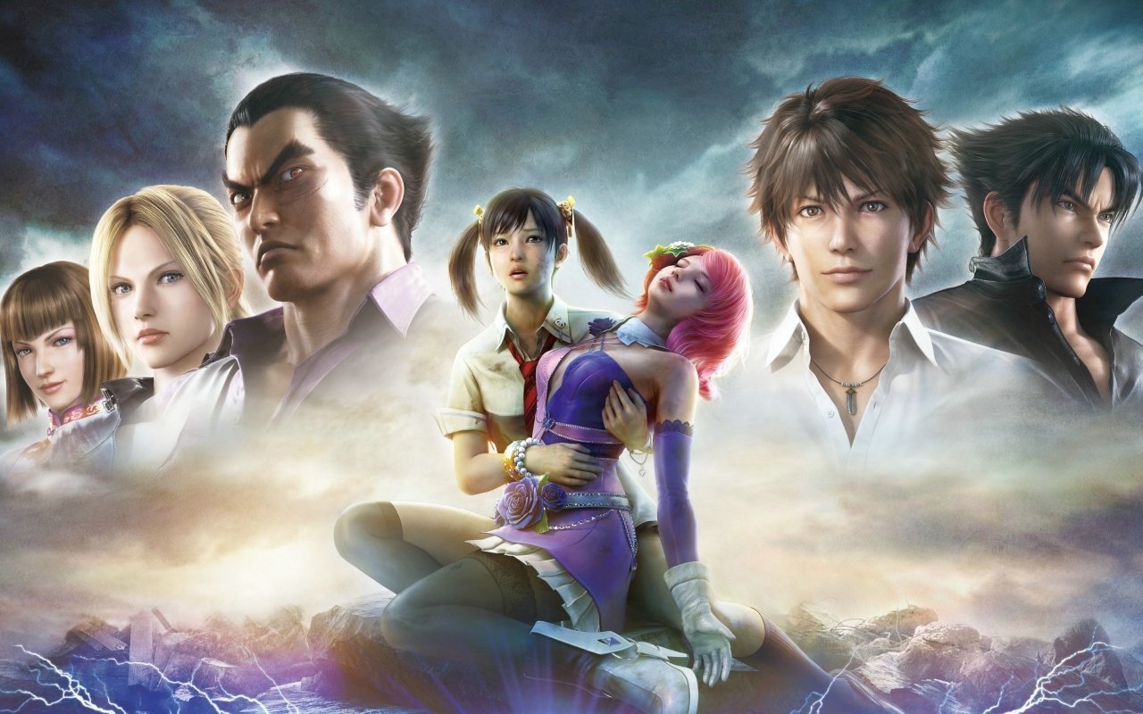 A dramatic scene from the Tekken movie, featuring iconic characters in a stormy background, with one character holding another in a protective embrace.
