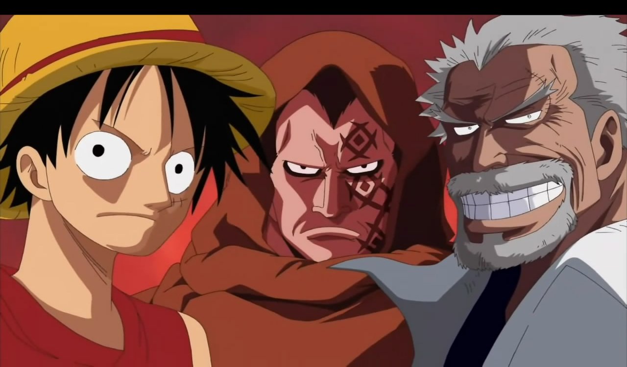 Monkey D. Luffy, Monkey D. Garp, and Monkey D. Dragon from the anime One Piece are featured together, showcasing their distinctive expressions and camaraderie in a vibrant scene.