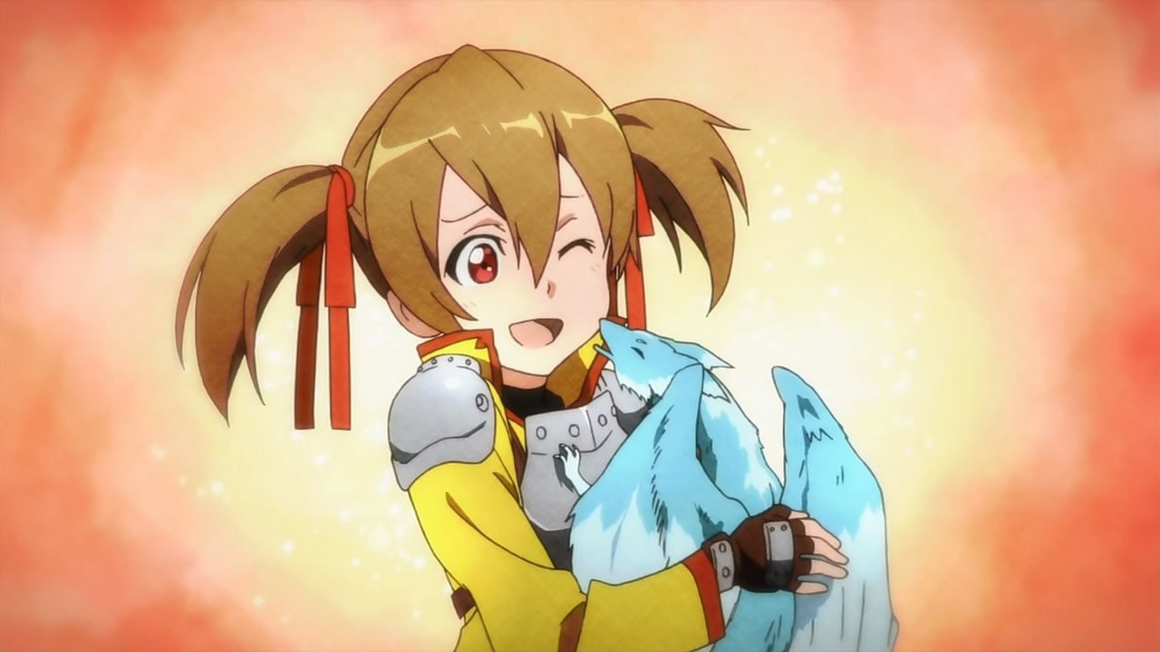 A joyful character from Sword Art Online, Silica, winks while holding her companion Pina. She wears armor and a bright yellow outfit, set against a vibrant background.