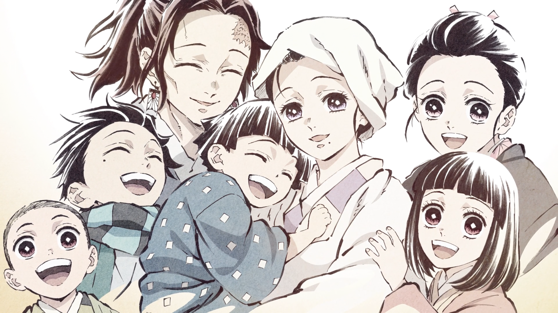 A warm family portrait from the anime Demon Slayer: Kimetsu no Yaiba, featuring smiling characters closely gathered together.