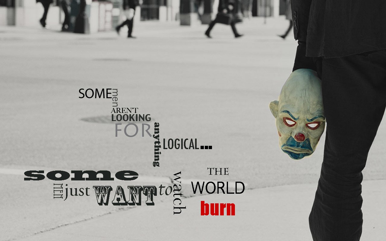 A person in a suit holds a green mask with a sinister expression, surrounded by impactful text from The Dark Knight, reflecting chaos and anarchy in the world.