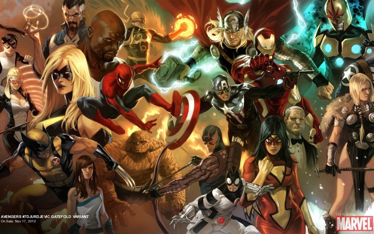 A dynamic Marvel Comics scene featuring iconic heroes including Wolverine, Spider-Woman, Captain America, Thor, Iron Man, Hawkeye, Spider-Man, Nova, and Ms. Marvel in action.
