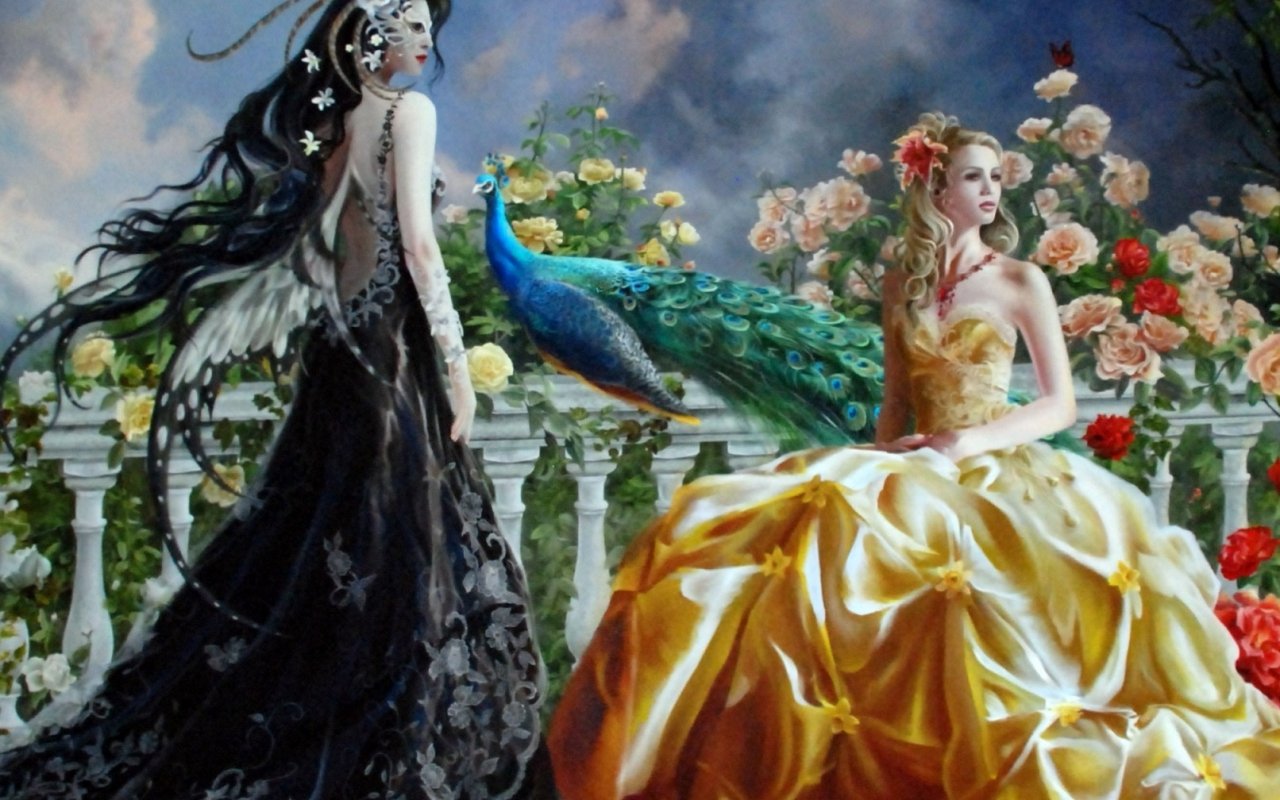 A fantasy scene featuring two women in elegant gowns, surrounded by blooming roses and a peacock against a dramatic sky backdrop.