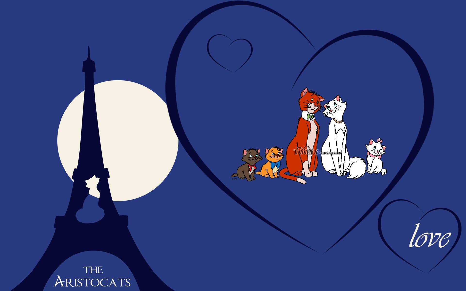 Illustration from the movie The Aristocats featuring cartoon cats framed by heart shapes with the Eiffel Tower silhouette and a full moon in the background.