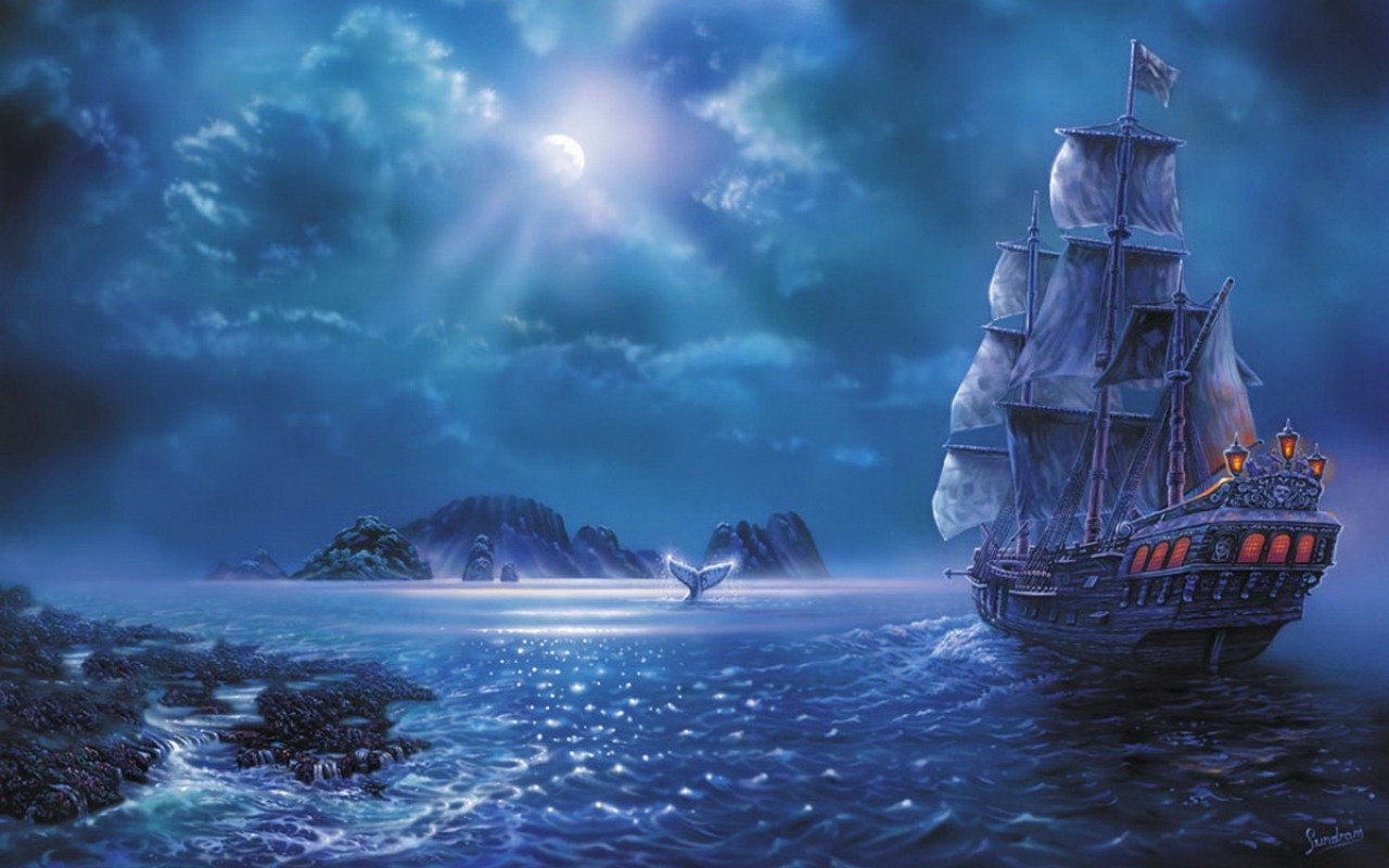 A majestic fantasy ship sails through a shimmering ocean under a moonlit sky, with distant islands and a whale gracefully breaking the surface of the water.
