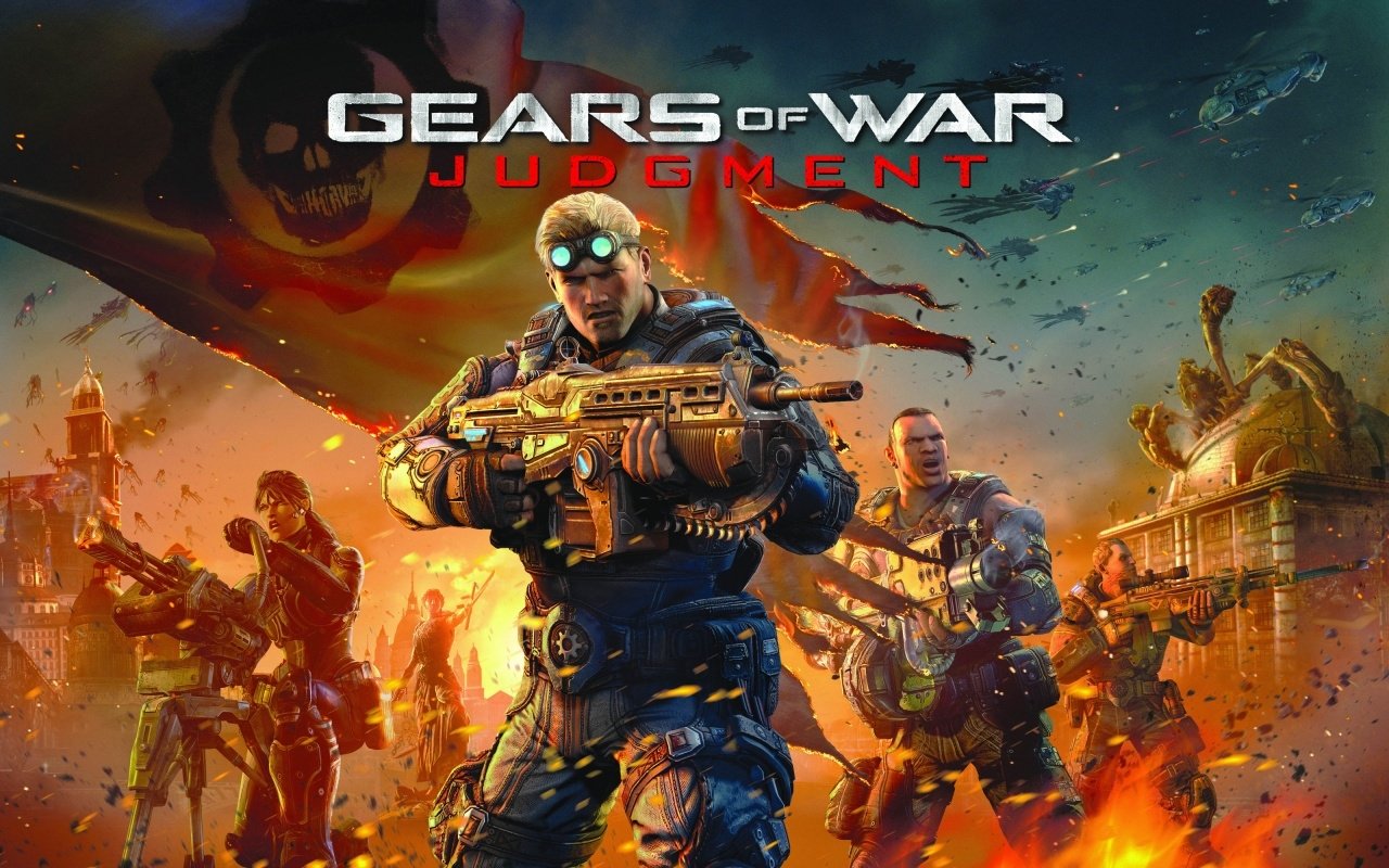 Cover art for the video game Gears of War: Judgment showing armored soldiers advancing with heavy rifles amid explosions and burning wreckage.