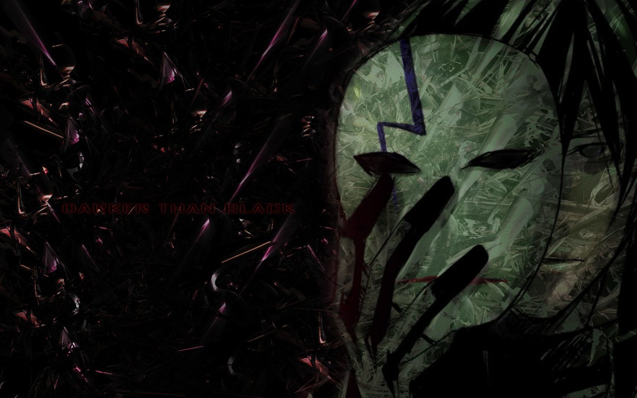 A masked figure resembling Hei from the anime Darker than Black, set against a dark, chaotic background, highlighting themes of mystery and intrigue.