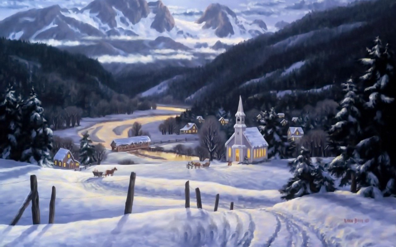 Artistic painting of a snowy mountain village at dusk: a glowing church and lit cottages, winding road, horse-drawn sleigh, pine-covered hills and towering peaks in the background.