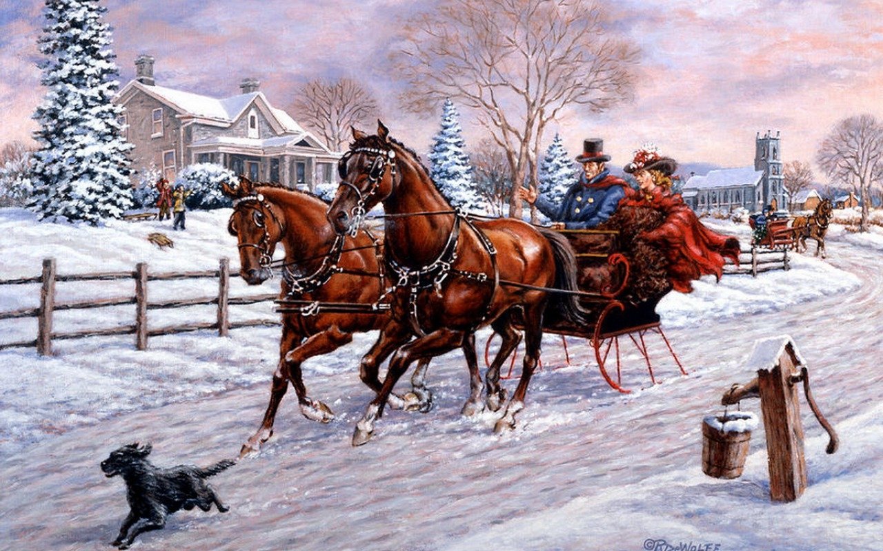 A winter scene features a horse-drawn sleigh carrying dressed figures, gliding through snow. Surrounding pine trees and a quaint house enhance this artistic painting's charm.