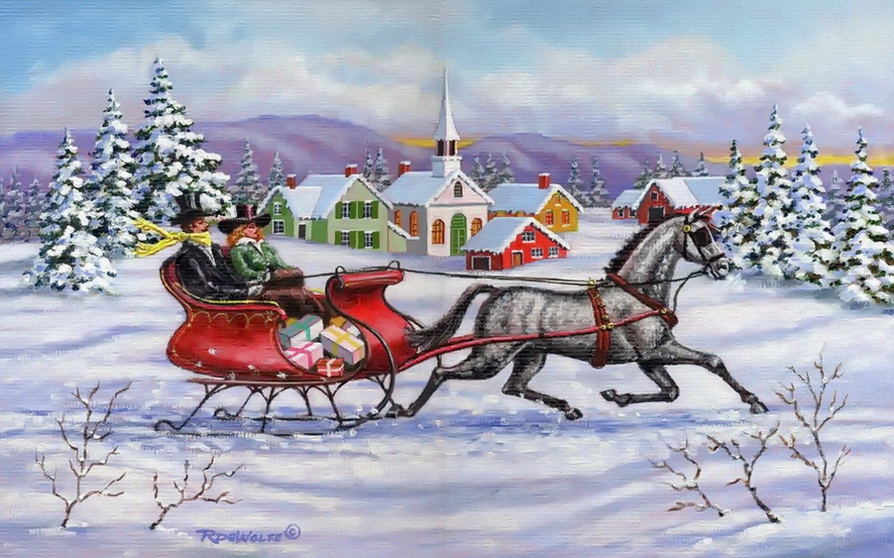 Artistic painting of a gray horse pulling a red sleigh with a family across a snowy landscape, passing pine trees and a colorful village with a church beneath a soft winter sky.