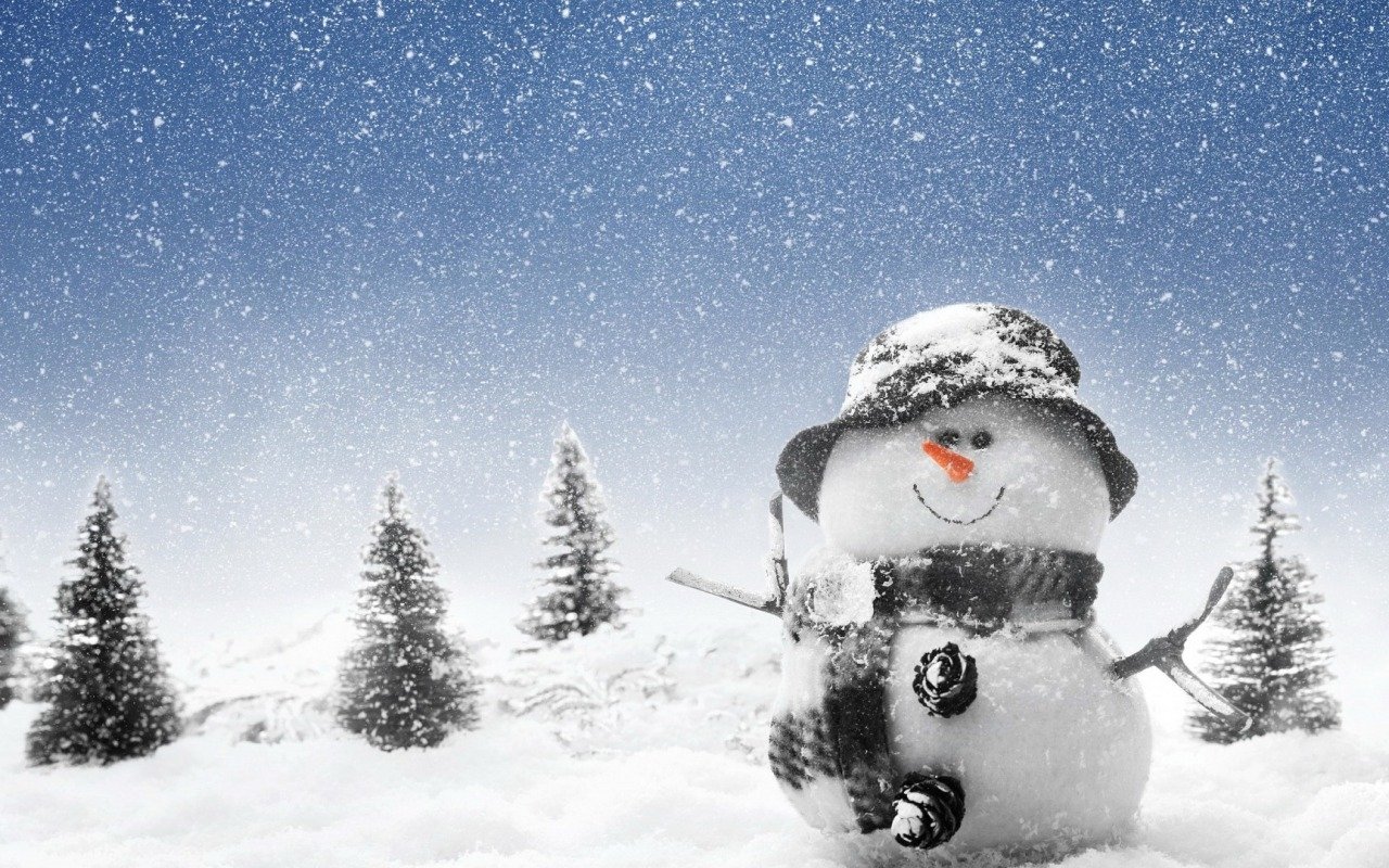 An artistic snowman stands cheerfully in a snowy landscape, adorned with a hat and scarf, surrounded by snow-covered trees under a winter sky.
