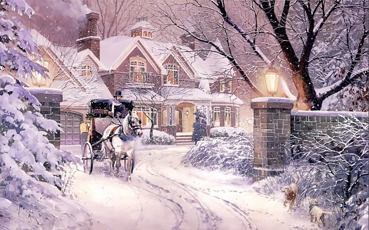 A serene winter scene featuring a picturesque house, a horse-drawn carriage, and snow-covered trees, captured in an artistic painting that evokes warmth and nostalgia.