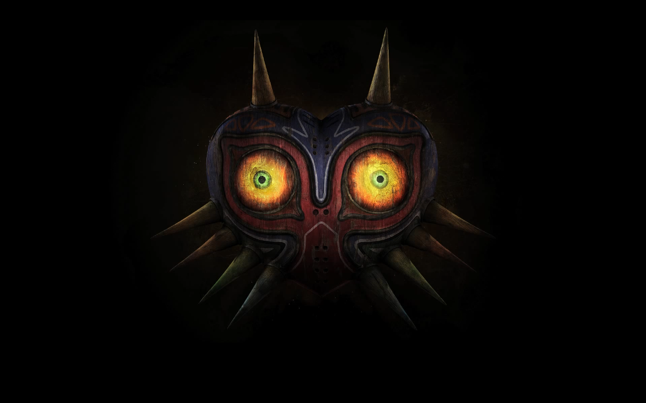 Majora's Mask from the video game The Legend of Zelda: Majora's Mask, featuring a dark, spiked heart-shaped design with large, glowing yellow eyes.