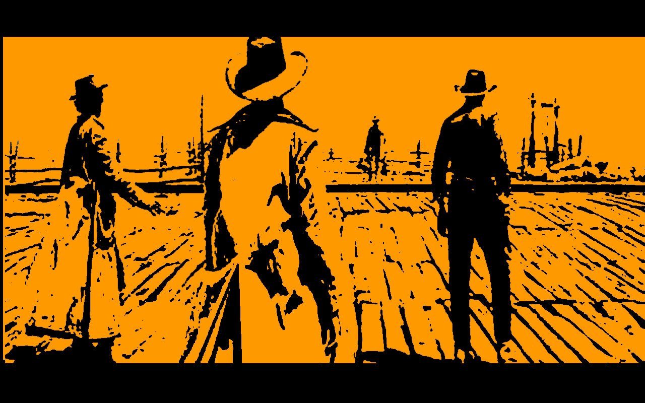Three silhouetted cowboys stand on a wooden boardwalk in an orange-tinted showdown scene from the movie Once Upon a Time in the West.
