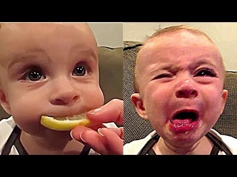 Funny side-by-side images of a baby tasting a lemon: first curious and wide-eyed, then crying and scrunching up their face in reaction.