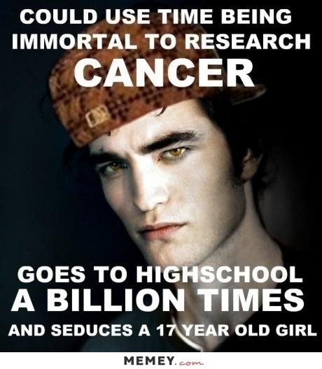 A humorous meme featuring a character suggesting that immortality should be used for serious research instead of repeatedly attending high school and pursuing young relationships.