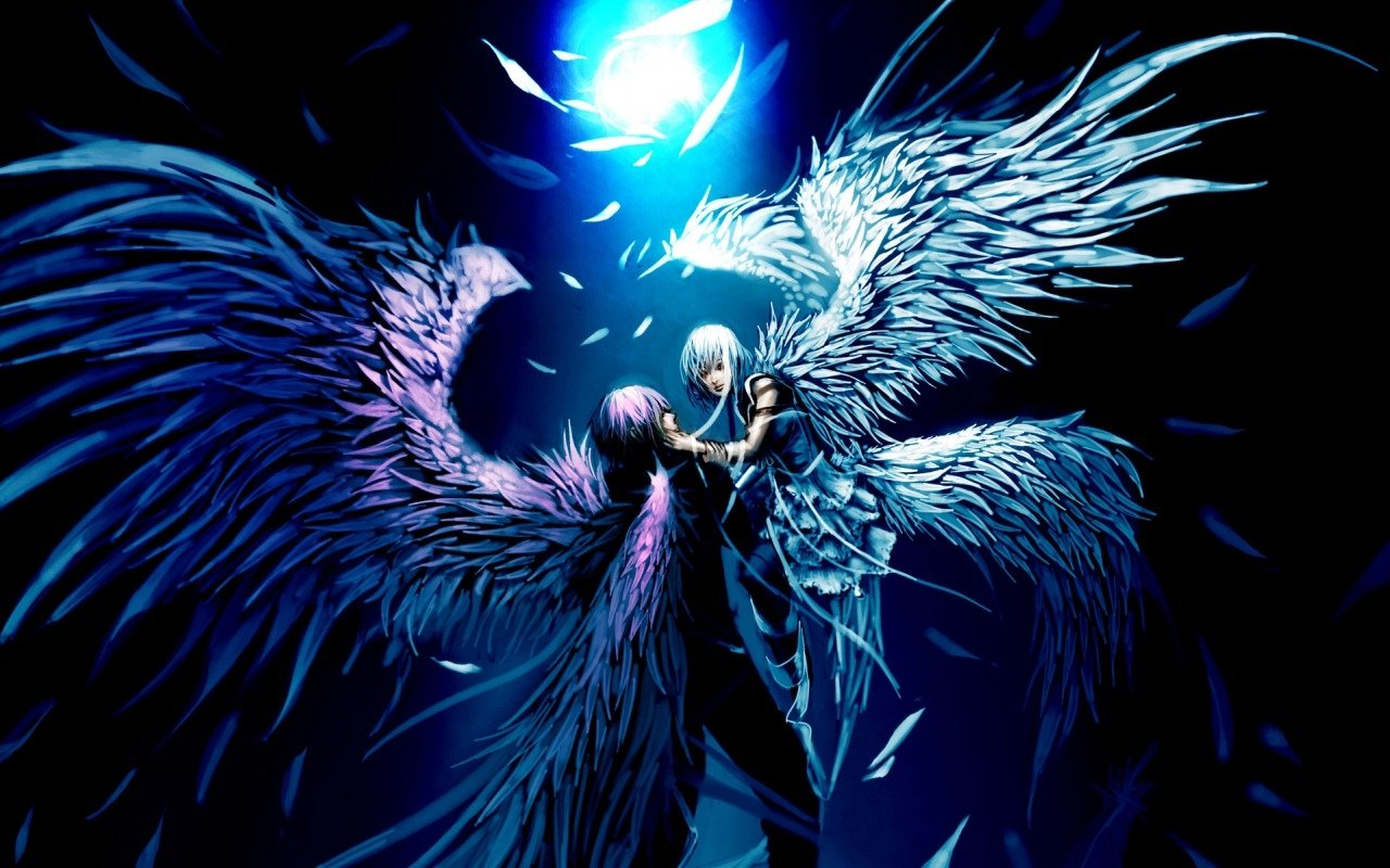 A dramatic fantasy scene featuring two angelic figures with large, intricate wings, illuminated by a glowing blue light amidst a backdrop of fluttering feathers.
