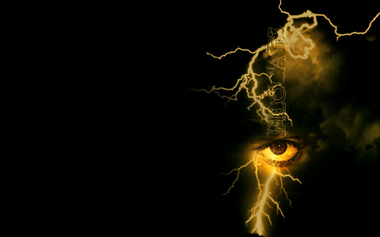 Dark background with a single glowing eye emerging from storm clouds, struck by branching golden lightning.