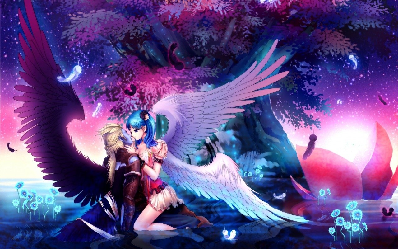 A fantasy scene from the video game AION depicting two winged characters embracing beneath a glowing, colorful tree by the water at twilight.