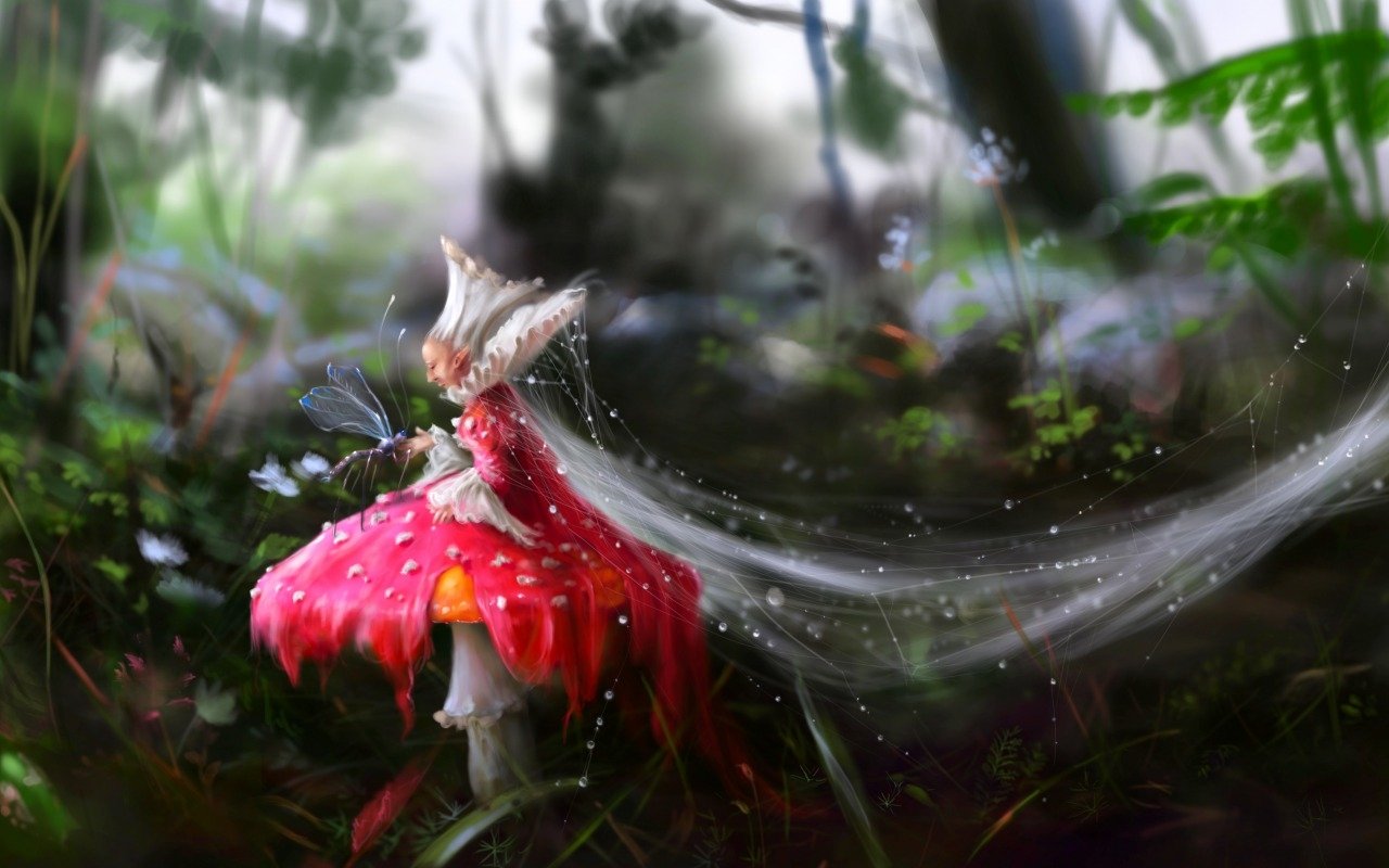A whimsical fairy in a vibrant red dress stands on a large mushroom, surrounded by lush greenery and delicate flowers, embodying the enchanting essence of fantasy.