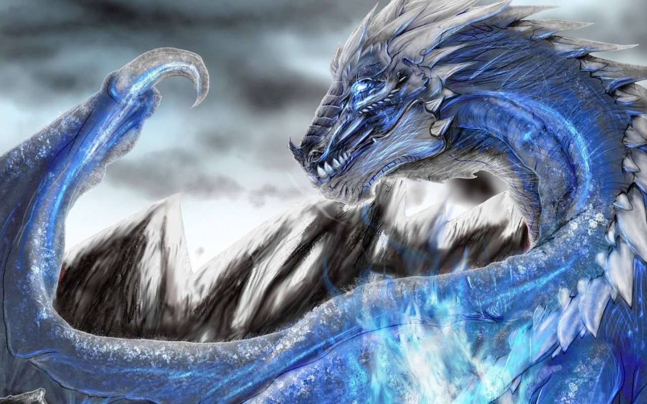 A majestic blue dragon with icy scales and piercing eyes stands against a dramatic, stormy sky, embodying the essence of fantasy.