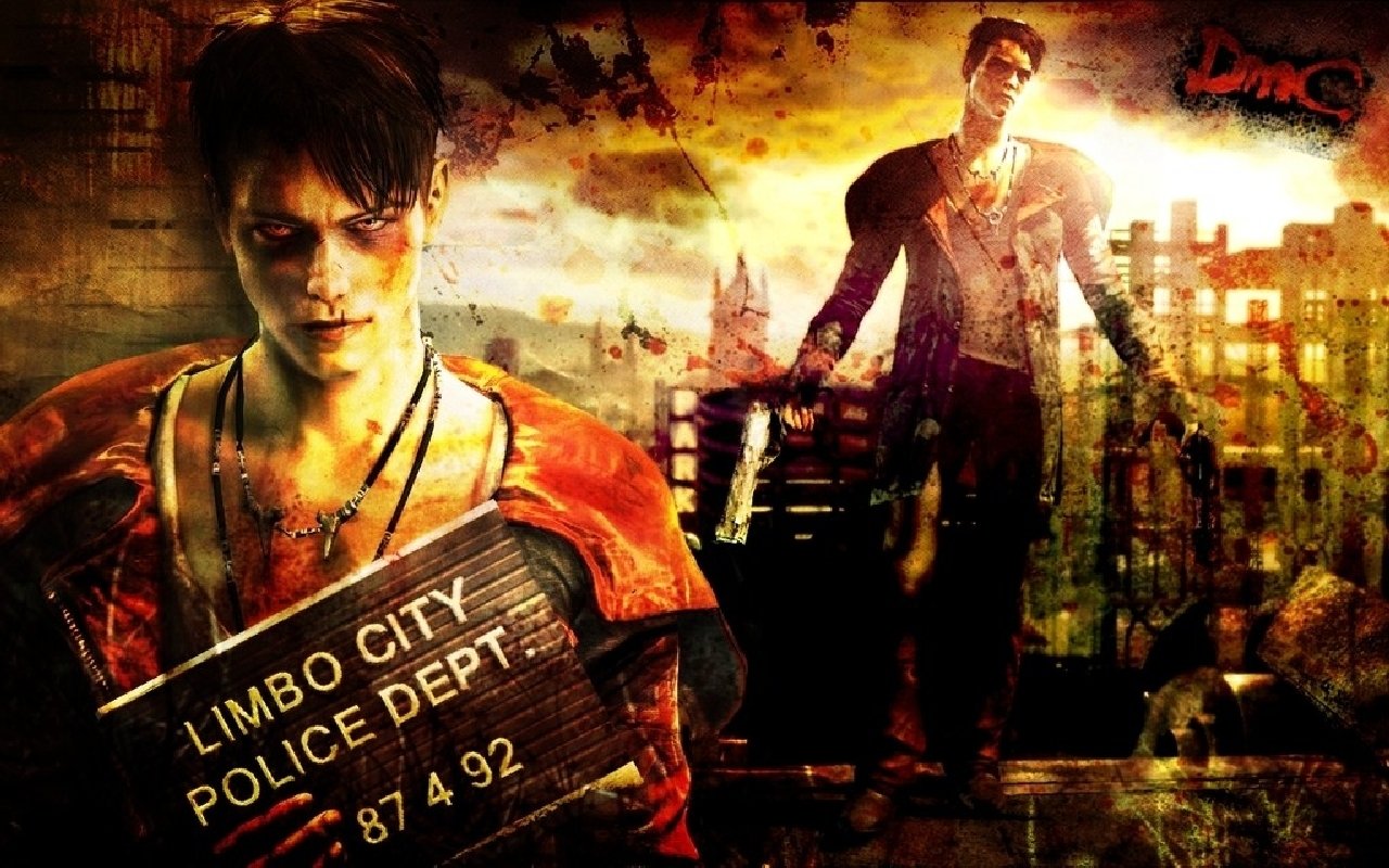 DmC: Devil May Cry video game art: Dante in a Limbo City police mugshot foreground, with a towering shadowed demon figure and a burning cityscape behind.