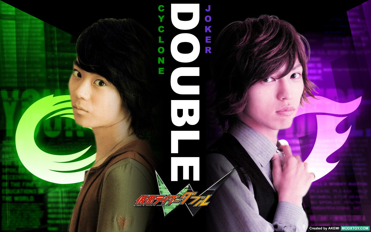 Promotional image for the TV show Kamen Rider Double featuring two main characters back-to-back with green and purple motifs.